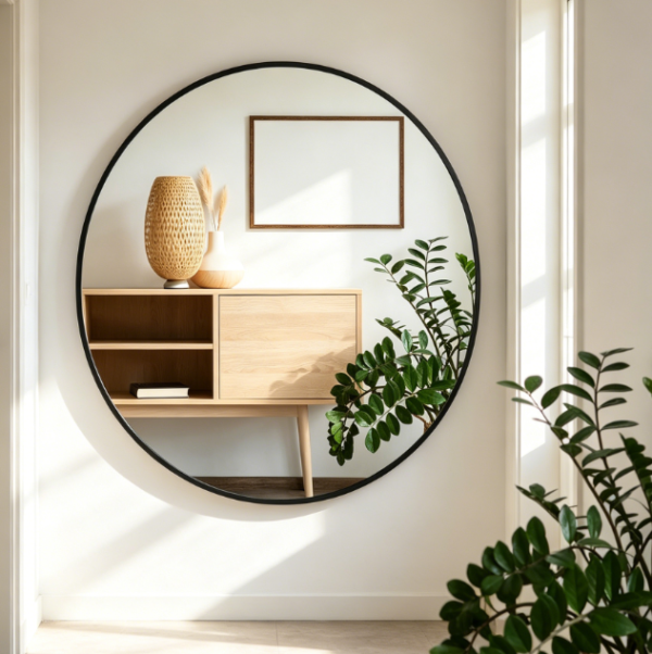 Round Wall Mirror with Matte Black Metal Frame, 24 Inches, for Bathroom, Entryway, Living Room